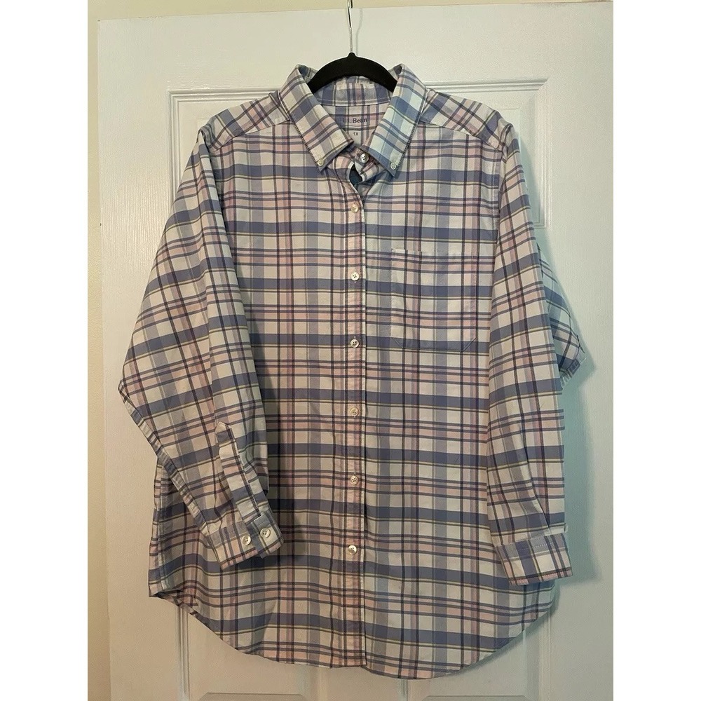 LL Bean Woman's Shirt Classic X Large Pastel Plaid Thick Long sleeve Collared XL